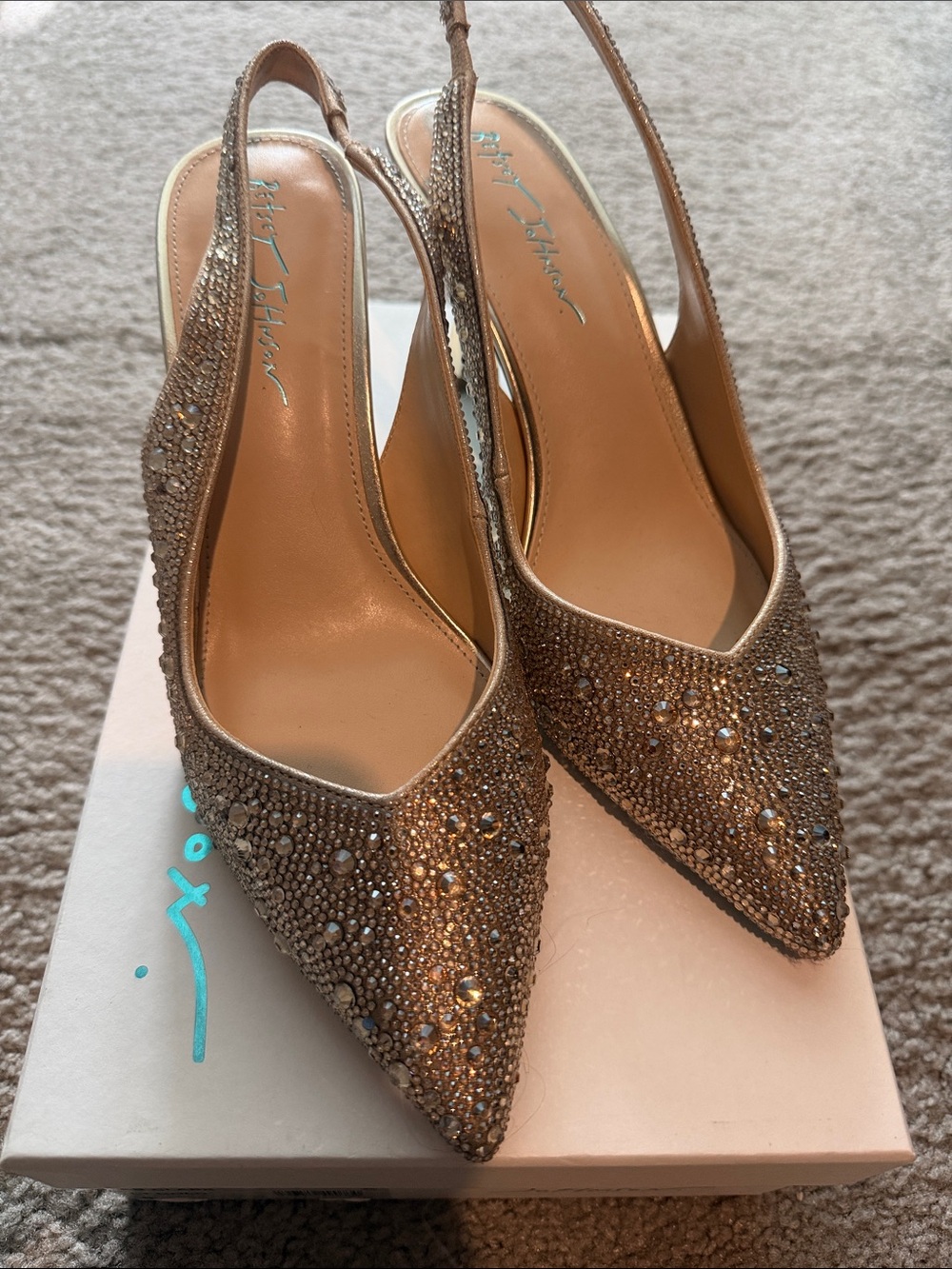 Betsey Johnson Champagne Crystal Embellished Pointed Slingback Heels